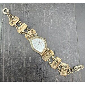 Vintage Silver-Tone Quartz Watch Textured Linked Band & Artistic Design JJ4154